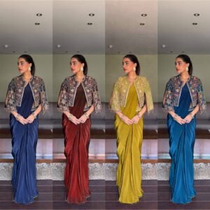 Chinnon Silk Ready To Wear Royal Blue Saree With Embroidery Koti