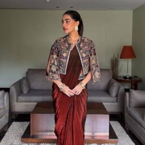 Chinnon Silk Ready To Wear Maroon Saree With Embroidery Koti