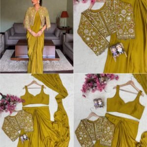 Chinnon Silk Ready To Wear Mustard Yellow Saree With Embroidery Koti