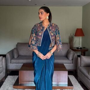 Chinnon Silk Ready To Wear Teal Blue Saree With Embroidery Koti