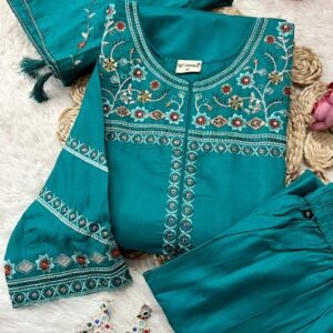 Viscos Floral Embroidery Teal Blue Kurti Pant Dupatta