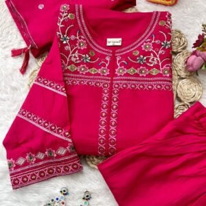 Viscos Floral Embroidery Rani Pink Kurti Pant Dupatta