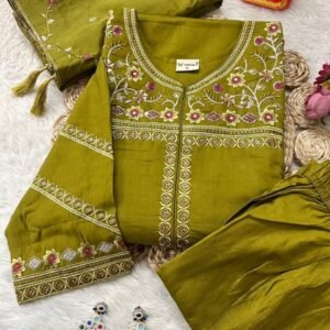 Viscos Floral Embroidery Olive Green Kurti Pant Dupatta