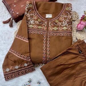 Viscos Floral Embroidery Brown Kurti Pant Dupatta