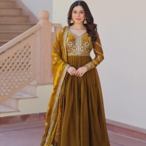 Fandy Silk Zari Sequins Embroidery Olive Green Gown Dupatta