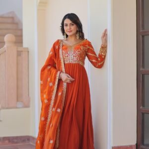 Fandy Silk Zari Sequins Embroidery Rust Orange Gown Dupatta