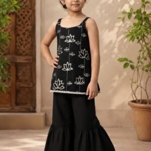 Girl's Embroidered Cotton Blend Black Top & Flared Palazzo Set