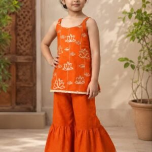 Girl's Embroidered Cotton Blend Orange Top & Flared Palazzo Set
