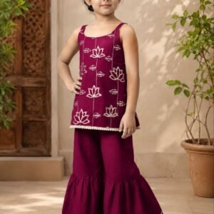 Girl's Embroidered Cotton Blend Purple Top &Flared Palazzo Set