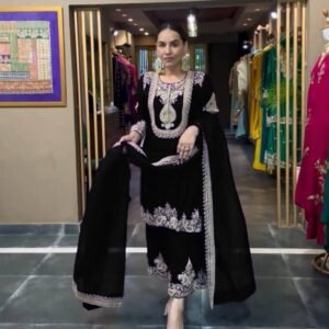 Chanderi Silk Embroidered Black Kurta Set With Dupatta
