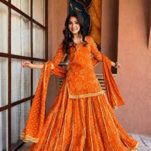 Georgette Gotapatti Bandhani Orange Top Palazzo Set