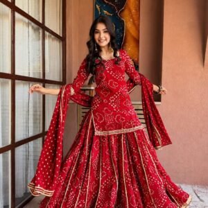 Georgette Gotapatti Bandhani Print Red Top Palazzo Set