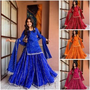 Georgette Gotapatti Bandhani Print Royal Blue Top Palazzo Set