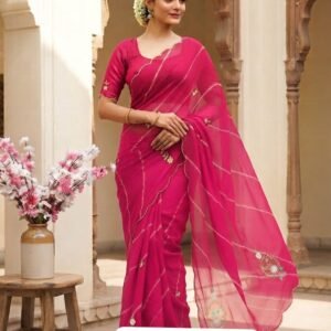 Nazmin Chiffon Lehariya Rani Pink Saree With Khatli Handwork