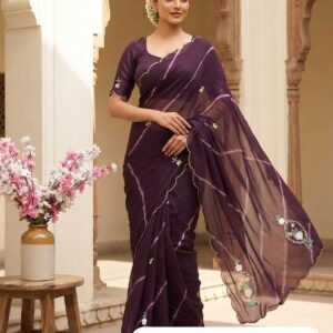 Nazmin Chiffon Lehariya Wine  Saree With Khatli Handwork