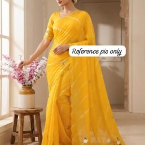 Nazmin Chiffon Lehariya Mustard Yellow Saree With Khatli Handwork