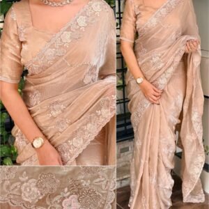 Premium Fandy Satin Dusty Beige Saree With Exquisite Bead Embroidery Sequins