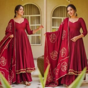 Designer Roman Silk Anarkali Suit With Embroidery Dupatta