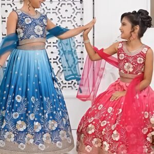 Kid's Designer Digital Print Embroidery Sequins Rose Pink Lehanga Choli