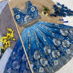 Kid's Designer Digital Print Embroidery Sequins Sky BlueLehanga Choli