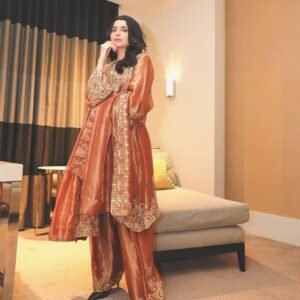 Fendy Silk Rust Orange Kurti Palazzo Set With Sequins Embroidery