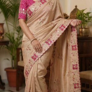 Chinnon Fabric Zari Embroidery Golden Beige Saree With Sequins
