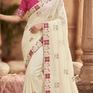 Chinnon Fabric Zari Embroidery Ivory Saree With Sequins
