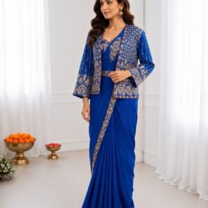 Crepe Silk Ready To Wear Royal Blue Saree With Belt And Embroidery Jacket