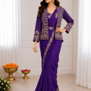 Crepe Silk Ready To Wear Navy Blue Saree With Belt And Embroidery Jacket