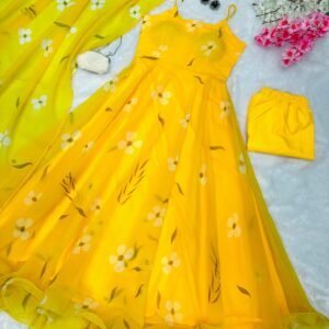 Floral Printed Oraganza Mustard Yellow Anarkali Suit Set