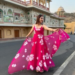 Floral Printed Oraganza Rani Pink Anarkali Suit Set