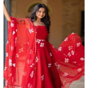 Floral Printed Oraganza Red Anarkali Suit Set