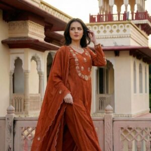 Chander Silk Embroidered Orange Rust Kurti Set