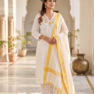 Pure Khadi Cotton Kurti Pant Set With Multi Thread Work
