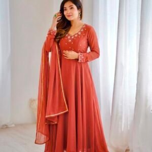 Georgette Embroidered Rusty Orange Kurti Pant & Dupatta