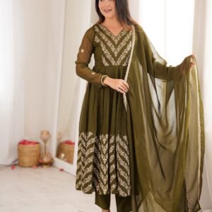 Crunchy Silk Embroidered Olive Green Anarkali Gown Set