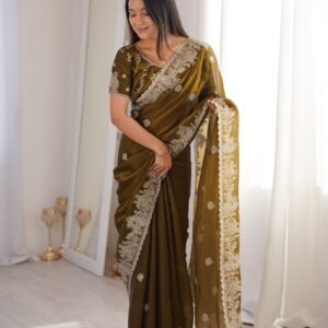 Fendy Crush Zari Embroidered Olive Green Saree