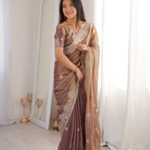 Fendy Crush Zari Embroidered Gold Champagne Saree