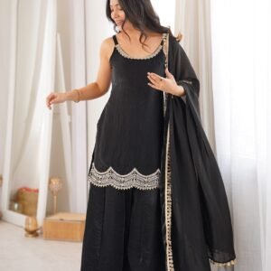 Fendy Silk Black Top Palazzo Set With Real Mirror Work
