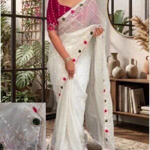 Rakhi Design Super Sonic Crush White Saree With Multi colour Thread