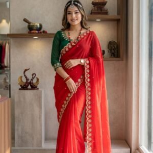 Designer Soft Georgette Red Sequins Work Saree