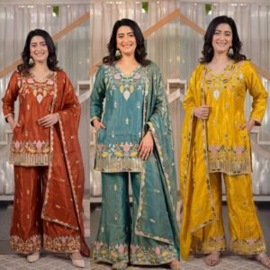 Satin Silk Designer Embroidered Top Palazzo And Dupatta(Available in 3 colours)
