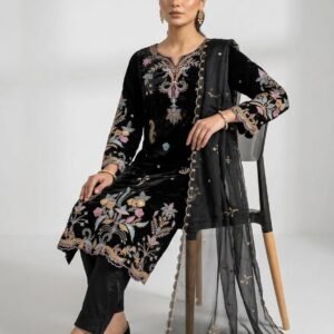 Glass Roman Embroidered Black Kurta Set With Dupatta
