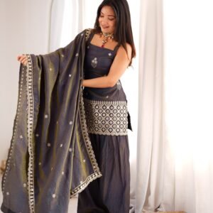 Vichitra Silk Embroidery Sequins Charcoal Grey Top Farsi Salwar With Dupatta