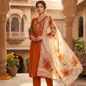 Premium Roman Silk Embroidery With Sequins Rusty Orange Kurti Set