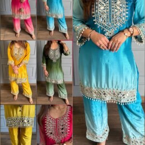 Premium Chinnon Two Shade Hand Embroidery Co-ord Set(Available in 4 Colour)
