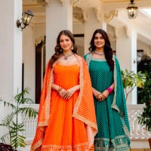 Pure Vichitra Bandhani Anarkali Set (Available in 4 Colours)