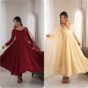 Crunchy Silk Anarkali Gown With Real Mirror Work (Available in 2 Colours)