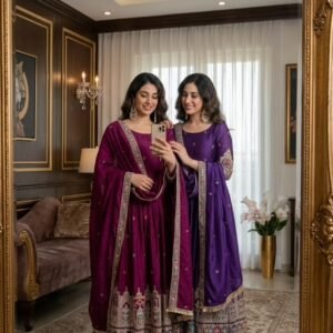 Chinnon Silk Temple Embroidery Sequins Work Anarkali Gown(Available 3Colours)