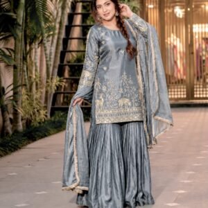 Pure Fendy Silk Embroidered Sequins Work Top And Palazzo Set